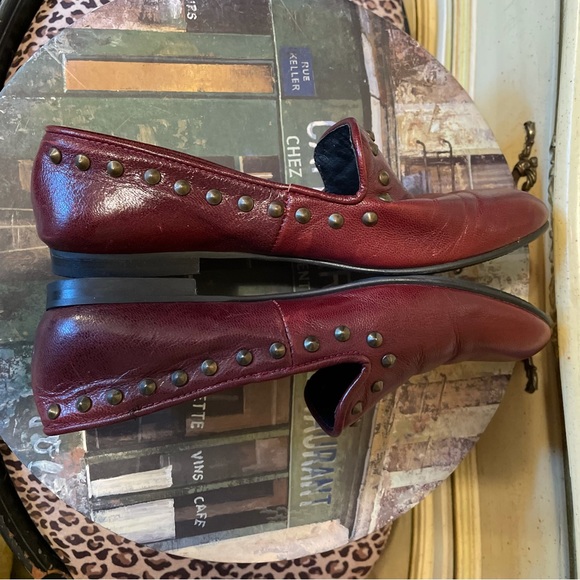 Jonak Paris Maroon Burgundy Leather Studded Stud Slip on Loafer Shoes - Picture 4 of 9